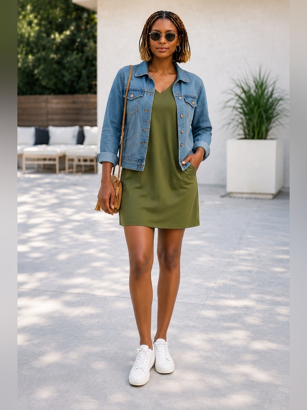 Olive Green V-Neck Mini Dress - Casual Shift Style